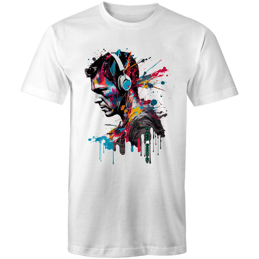 Stylish men's white T-shirt featuring an artistic headphone graphic with colorful paint splatters, symbolizing a fusion of music and vibrant street art.