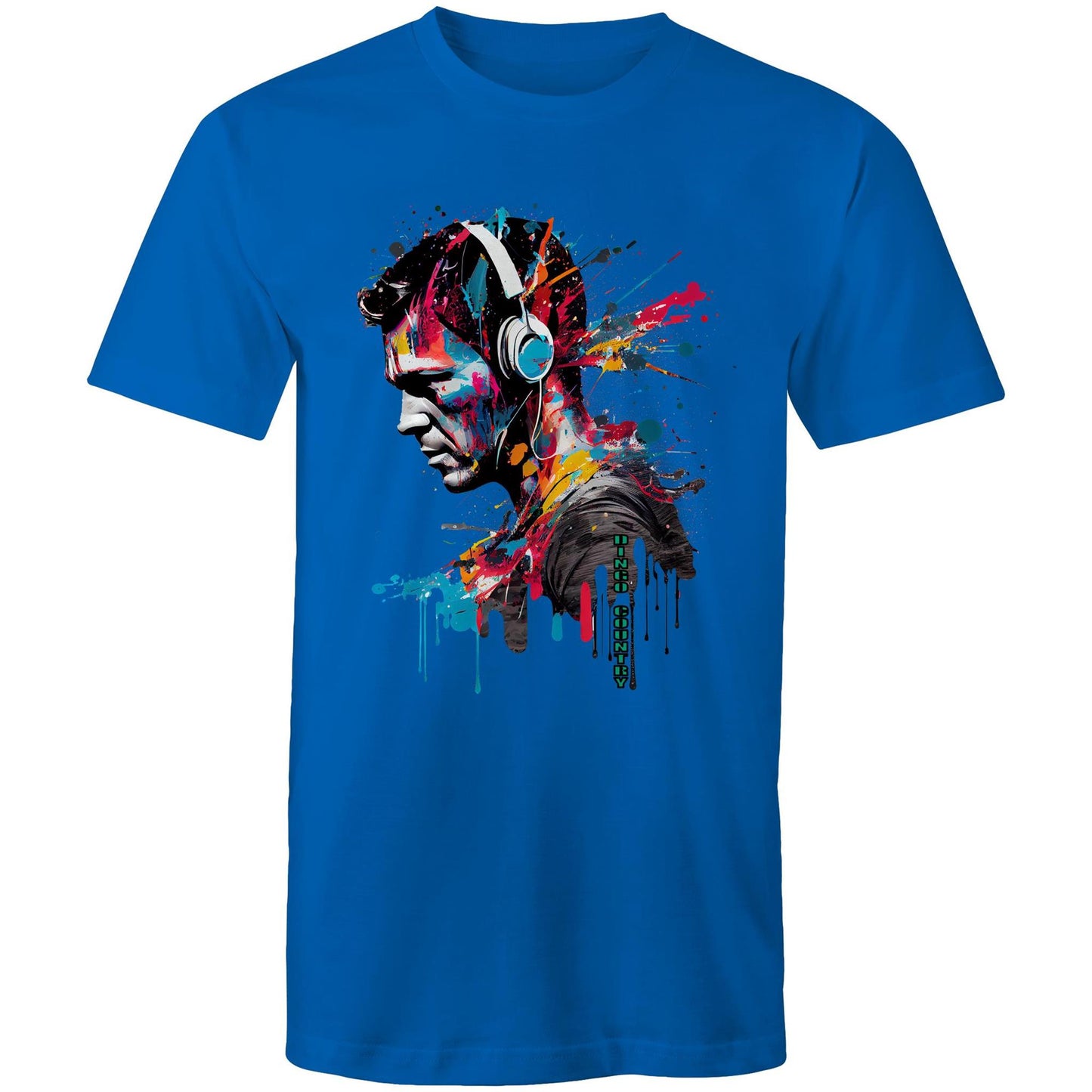 Stylish men's bright royal T-shirt featuring an artistic headphone graphic with colorful paint splatters, symbolizing a fusion of music and vibrant street art.