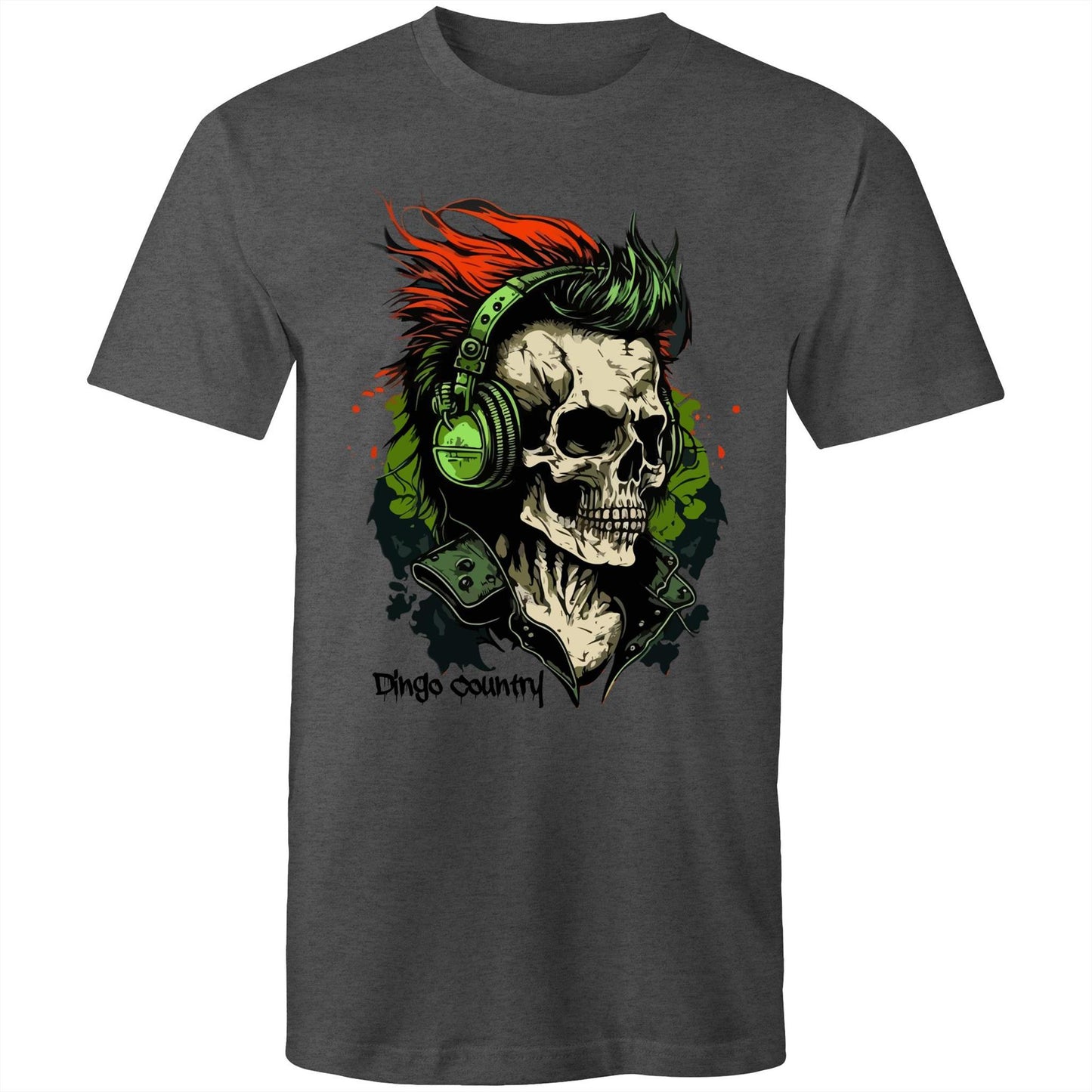 Men's asphalt T-shirt from Dingo Country's Art & Humour Collection featuring a detailed graphic of a skull with red hair and green headphones, with 'Dingo Country' inscribed below.