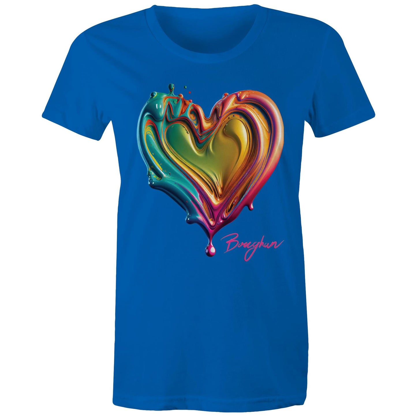 Women's blue T-shirt from the Boughan Collection with a glossy, multicoloured liquid heart design, embodying a fusion of love and contemporary art.