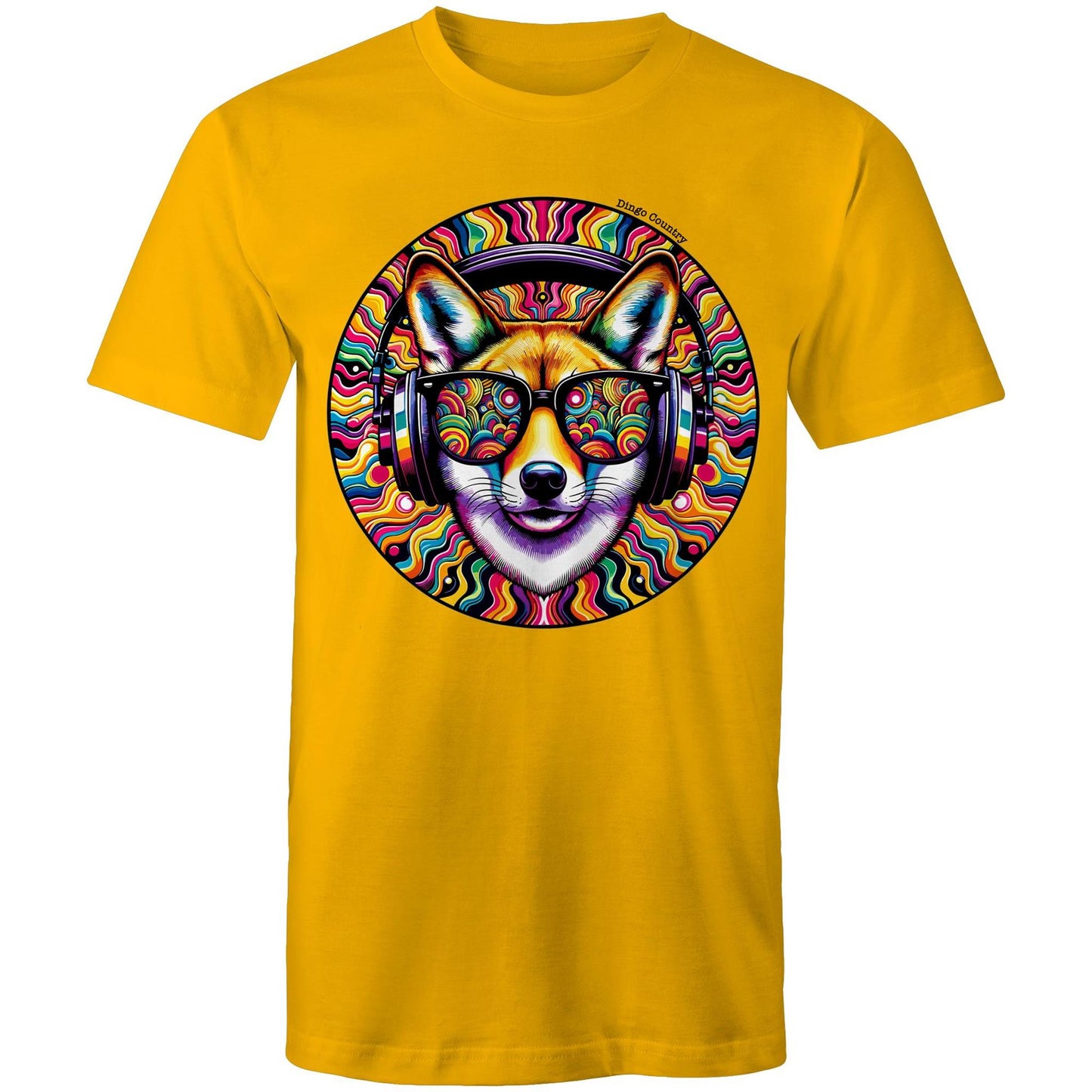 Men's gold T-shirt from Dingo Country with a colourful psychedelic dingo wearing headphones design, celebrating the fusion of music and Australian wildlife.