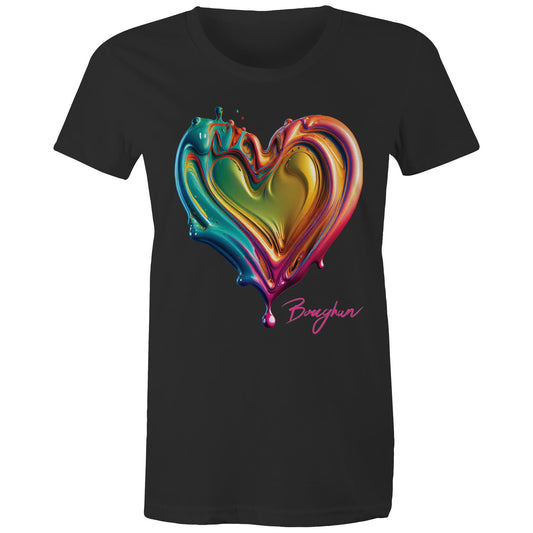 Women's black T-shirt from the Boughan Collection with a glossy, multicoloured liquid heart design, embodying a fusion of love and contemporary art.