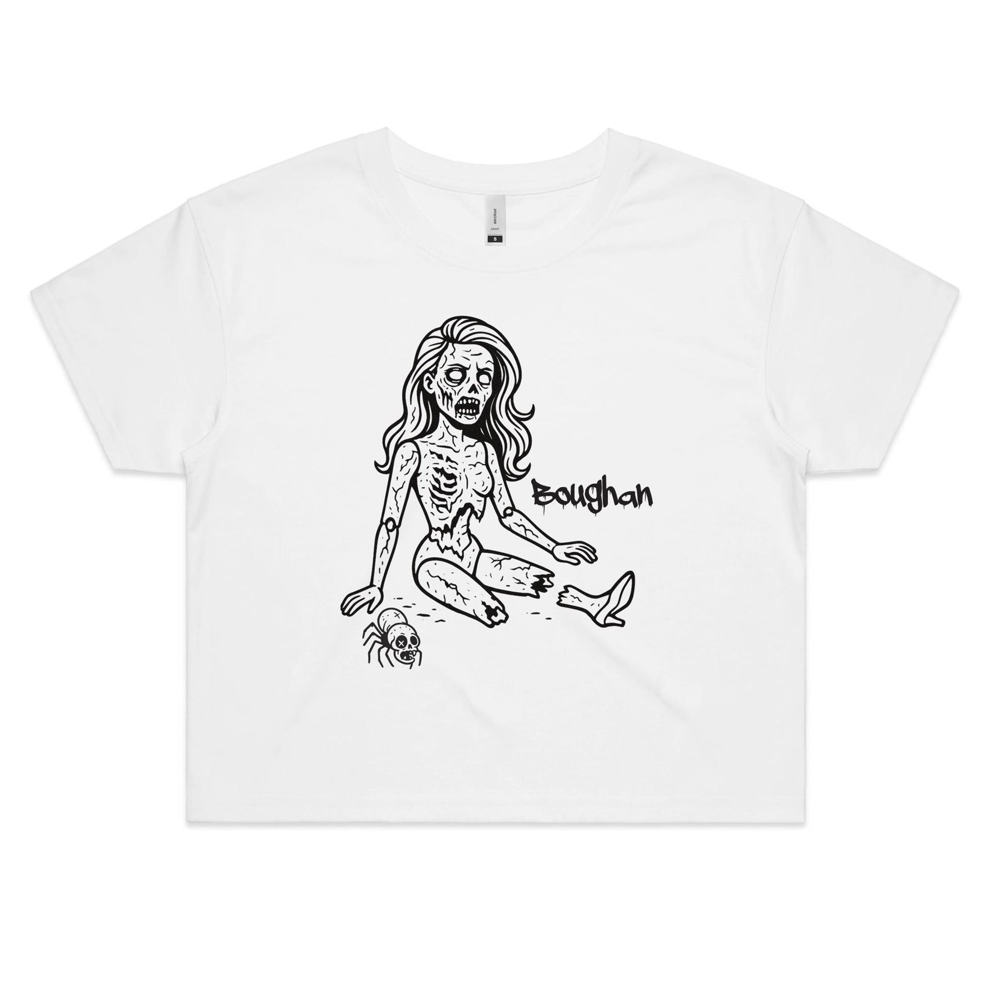 White women’s crop tee featuring skeletal cartoon-style Barbie with “boughan” text.