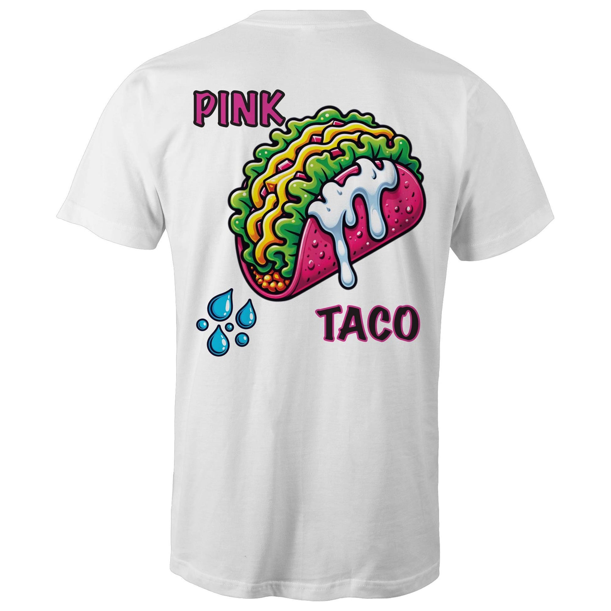 White t-shirt featuring a cartoon-style pink taco graphic with water droplets, designed as a cheeky adult innuendo.