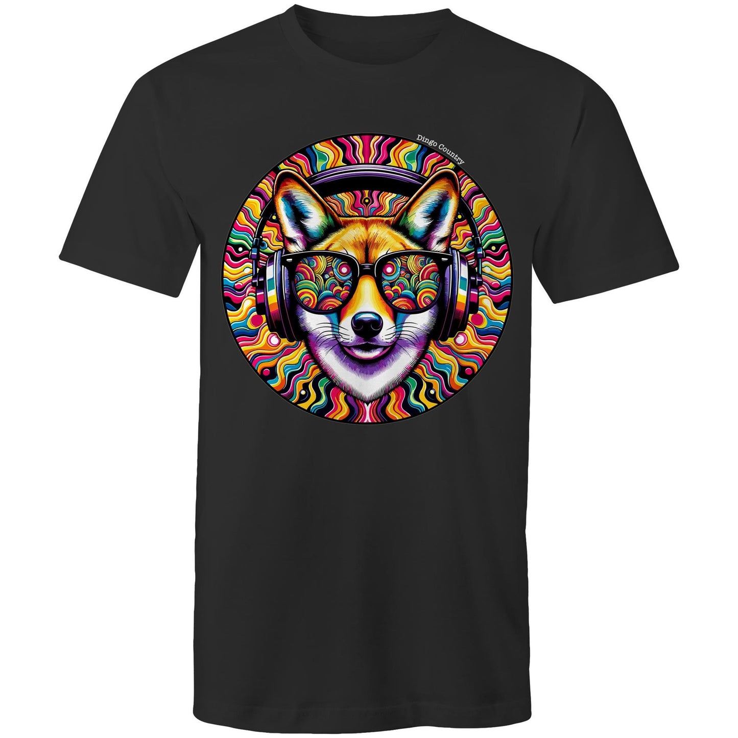 Men's black T-shirt from Dingo Country with a colourful psychedelic dingo wearing headphones design, celebrating the fusion of music and Australian wildlife.