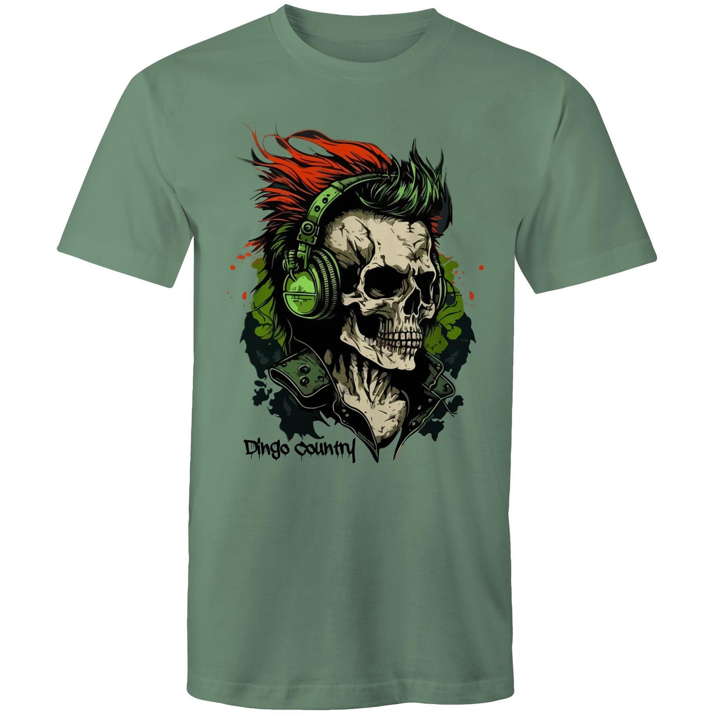 Men's sage T-shirt from Dingo Country's Art & Humour Collection featuring a detailed graphic of a skull with red hair and green headphones, with 'Dingo Country' inscribed below.