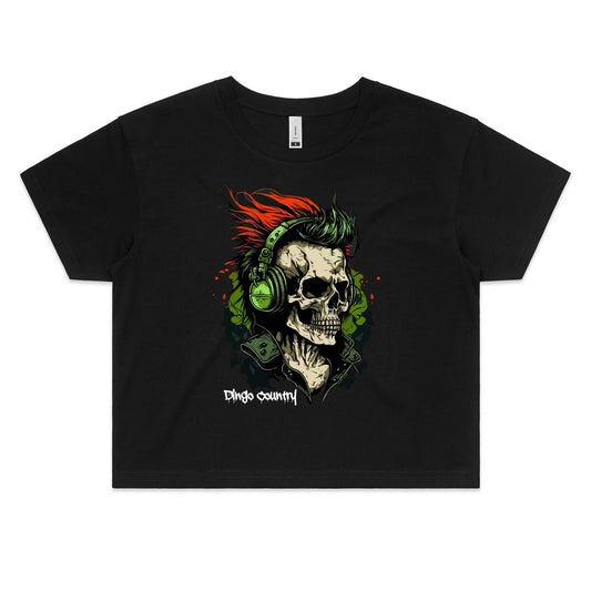 Chic black women's crop T-shirt featuring a striking skull with red mohawk and green headphones graphic, accented with 'Dingo Country' branding for a bold, rock-inspired look.