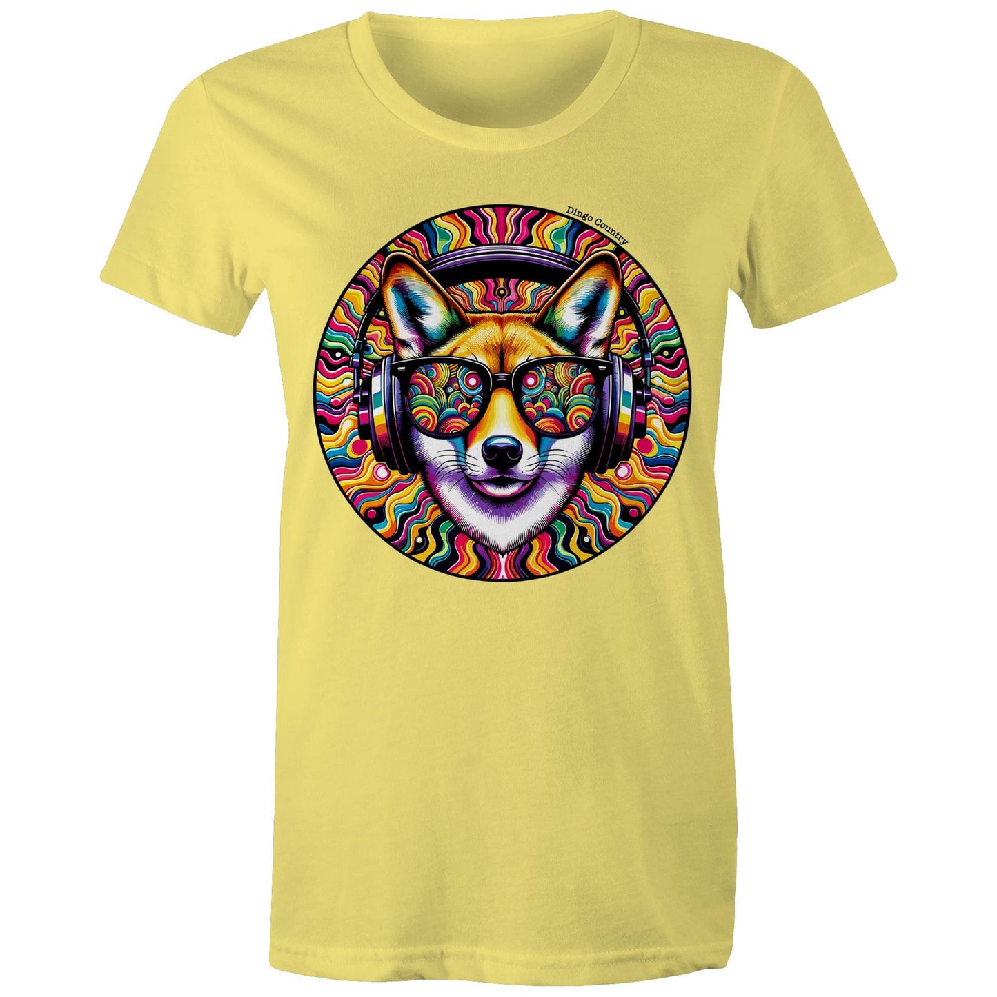 Women's yellow T-shirt from Dingo Country featuring a bright and bold psychedelic print of a dingo in sunglasses and headphones, perfect for music and animal lovers alike.