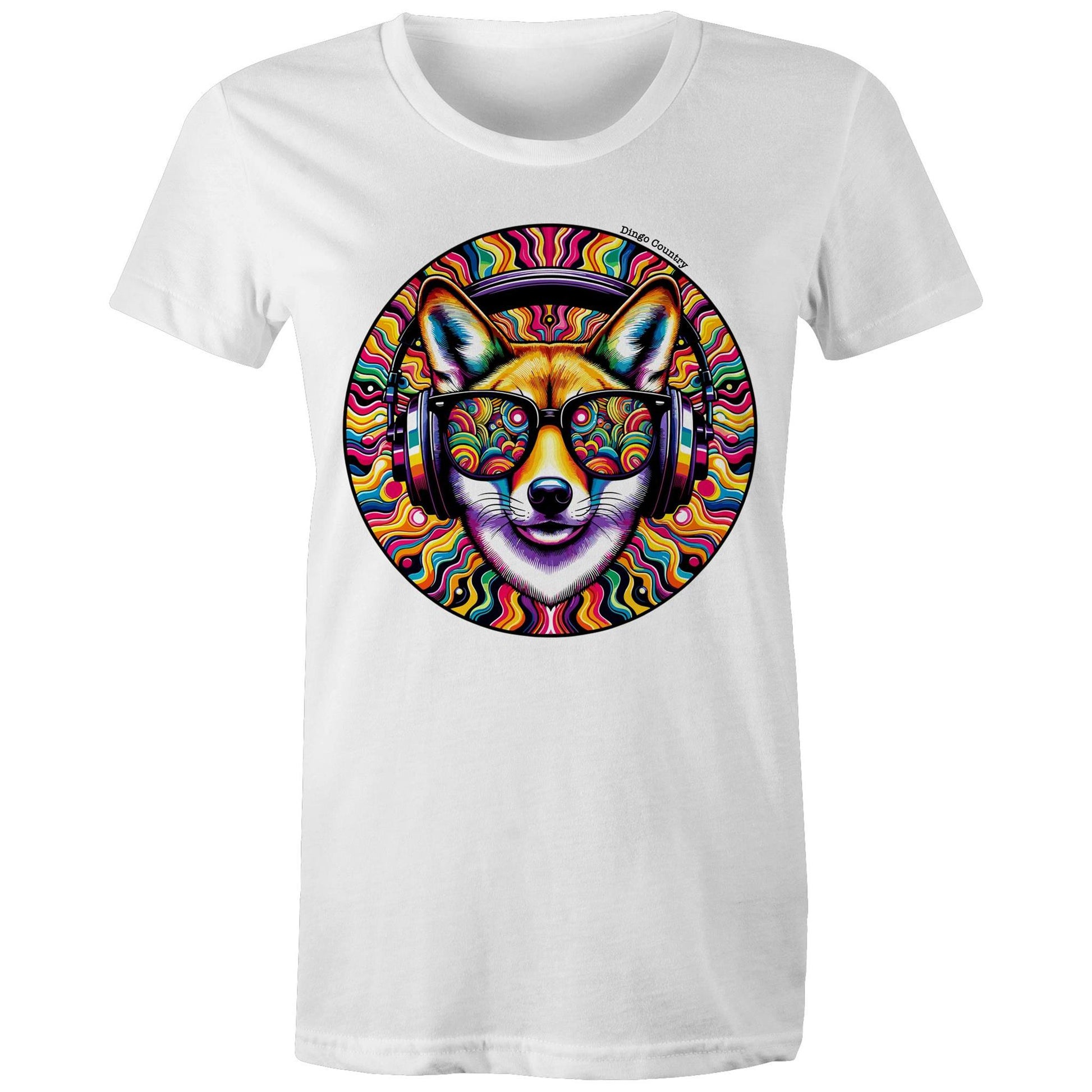 Women's white T-shirt from Dingo Country featuring a bright and bold psychedelic print of a dingo in sunglasses and headphones, perfect for music and animal lovers alike.