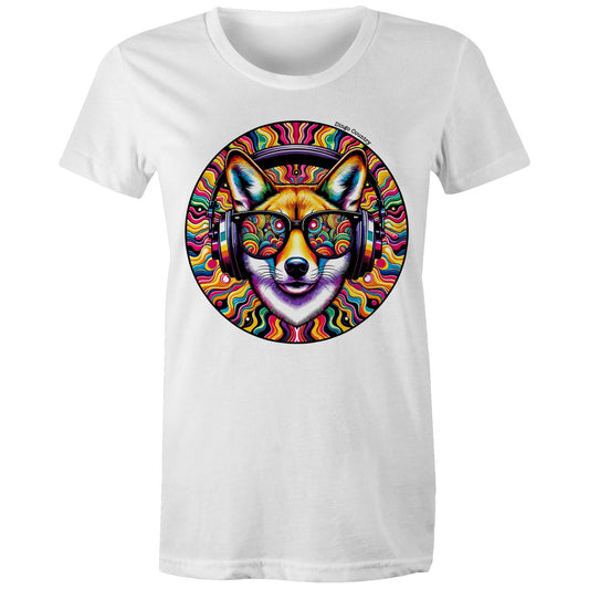 Women's white T-shirt from Dingo Country featuring a bright and bold psychedelic print of a dingo in sunglasses and headphones, perfect for music and animal lovers alike.