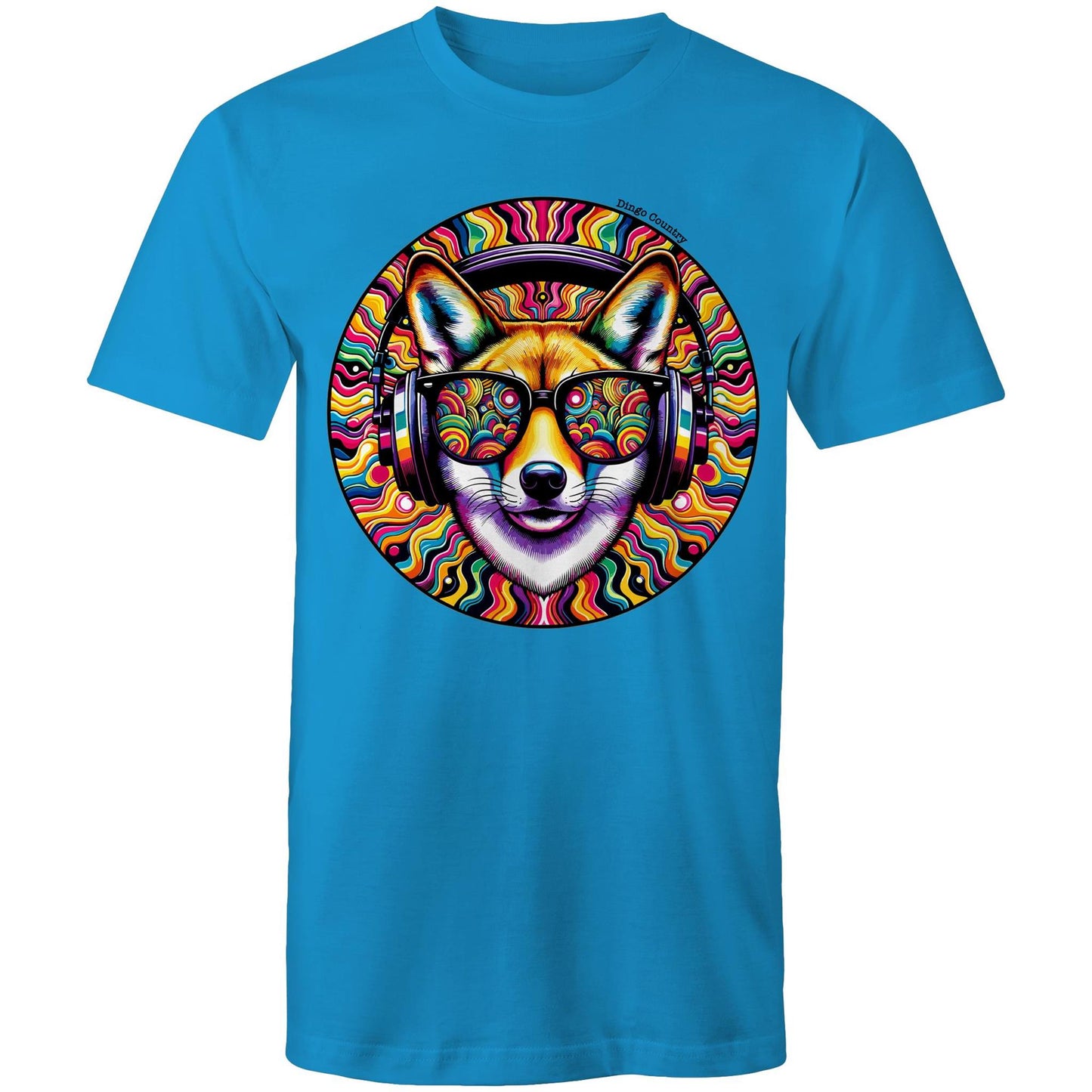 Men's blue T-shirt from Dingo Country with a colourful psychedelic dingo wearing headphones design, celebrating the fusion of music and Australian wildlife.