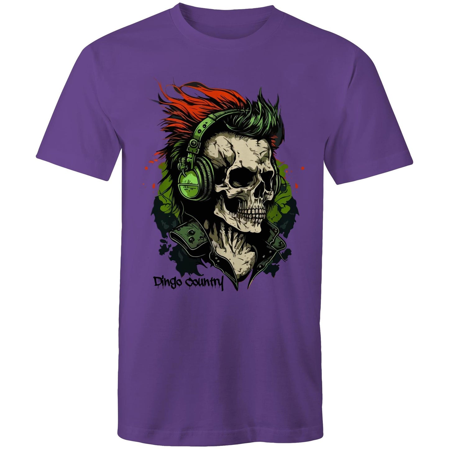 Men's purple T-shirt from Dingo Country's Art & Humour Collection featuring a detailed graphic of a skull with red hair and green headphones, with 'Dingo Country' inscribed below.