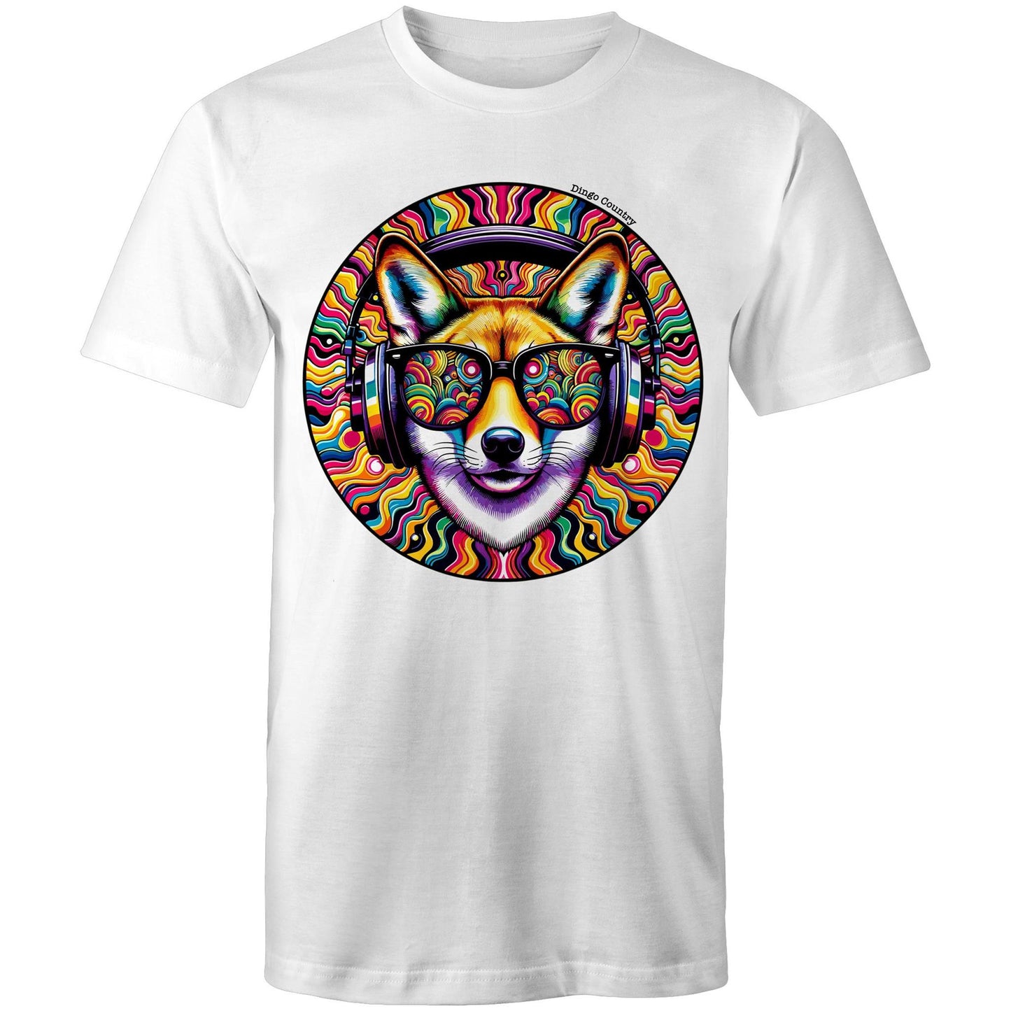 Men's white T-shirt from Dingo Country with a colourful psychedelic dingo wearing headphones design, celebrating the fusion of music and Australian wildlife.