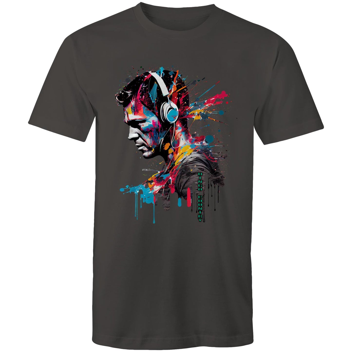 Men's charcoal t-shirt with a colourful abstract design of a figure in headphones, representing a fusion of music and art, from Dingo Country