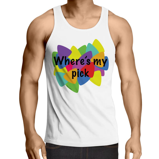 Where's My Pick Men's Singlet Top on a muscular model, showcasing a white tank top with a colorful, central graphic of overlapping guitar picks and the text "Where's my pick" in bold font.