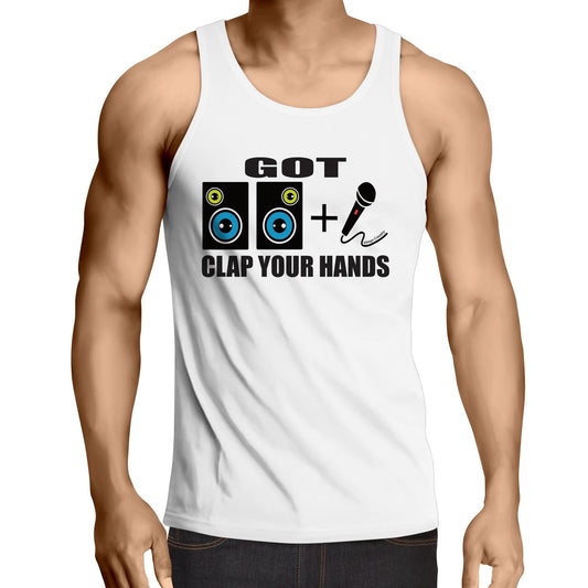 Men's white singlet top with 'Got 2 Speakers & A Microphone' graphic, inspired by Beck's song, from Dingo Country.