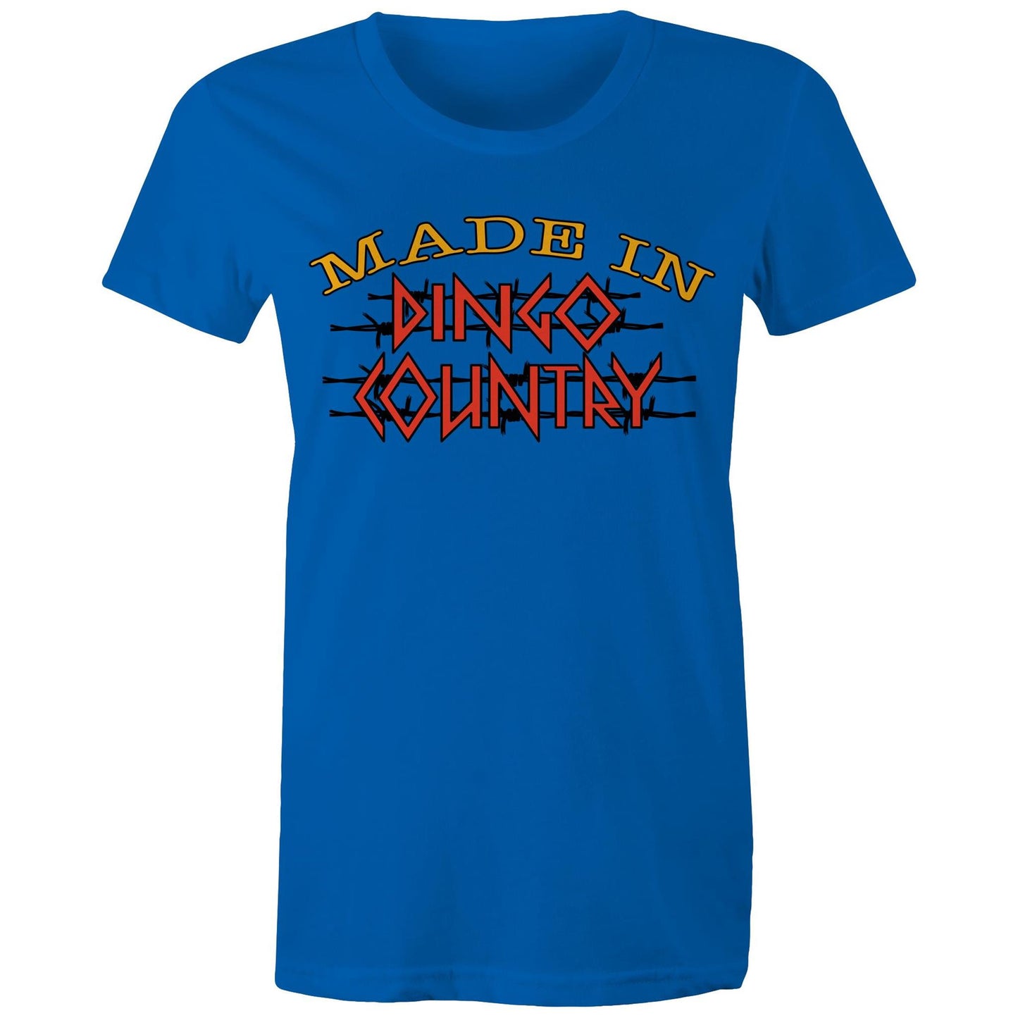 Women's bright royal maple tee with a large 'Made in Dingo Country' logo on the front, available in 14 vibrant colors