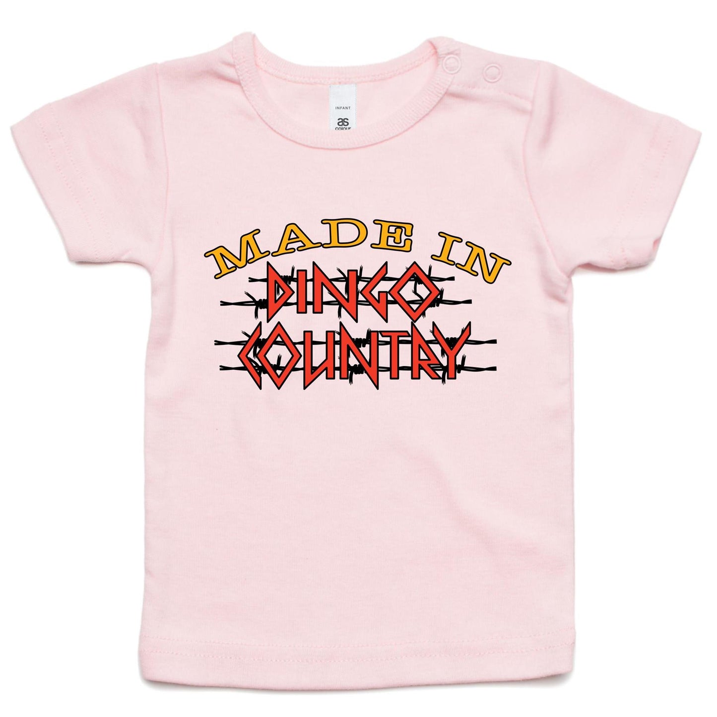 Infant's pink 'Made in Dingo Country' Wee Tee, also available in two other colors, featuring a bold logo for the littlest Aussie patriots.