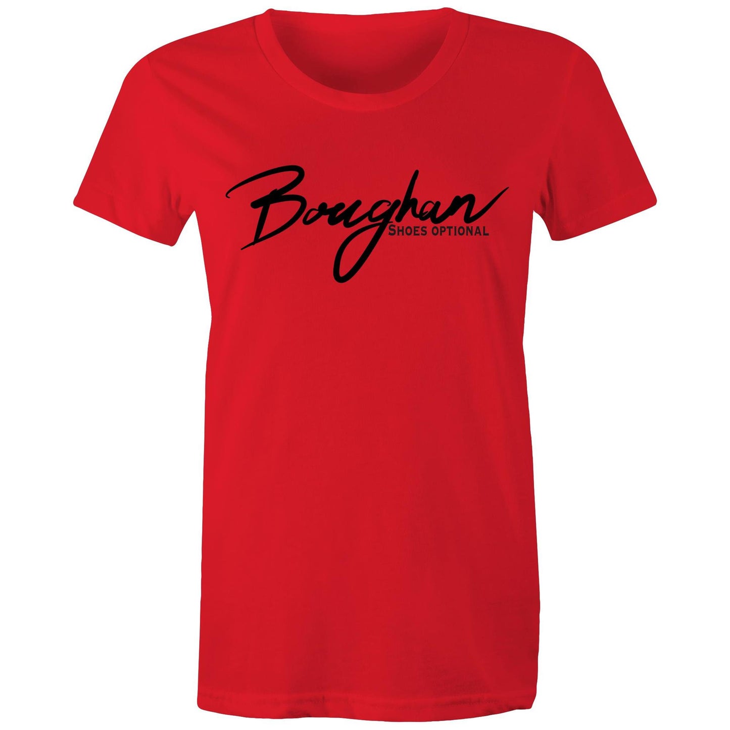 Easy-going red Women's Maple Tee with 'Boughan - Shoes Optional' text, offering a blend of comfort and cheeky charm.