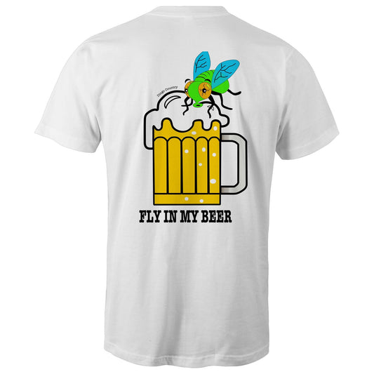 Back view of 'Fly in My Beer' Men's T-Shirt by Dingo Country in white – showcasing a playful graphic of a beer mug with a fly on top and the witty phrase 'Fly in My Beer' in bold letters, symbolising the Aussie outdoor drinking experience.