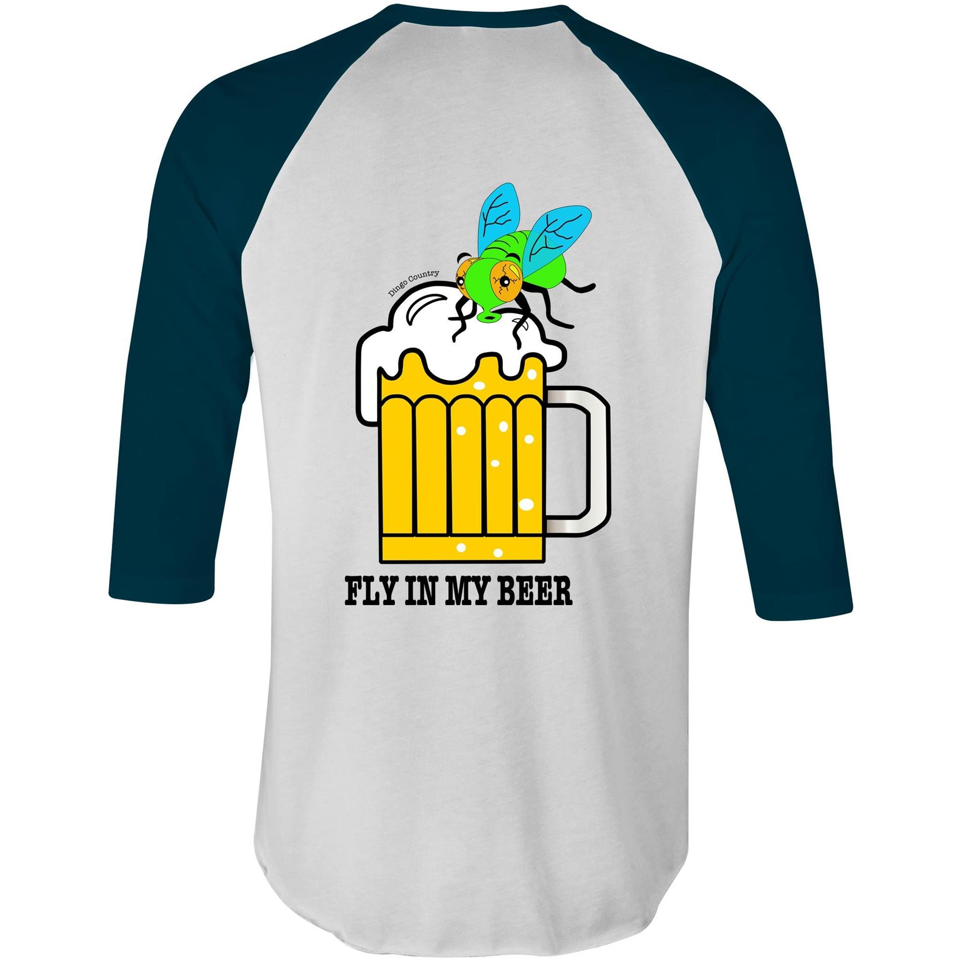 Back view of a navy sleeve raglan 3/4 sleeve t-shirt with a humorous 'Fly in My Beer' graphic, showcasing a beer mug with a playful fly character.