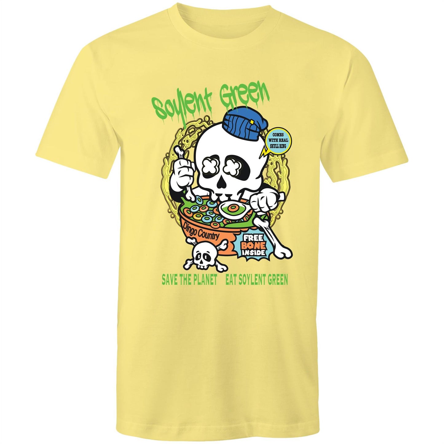 Yellow men's T-shirt with a colourful 'Soylent Green' graphic, showcasing a skull eating cereal and a 'Save the Planet, Eat Soylent Green' message.