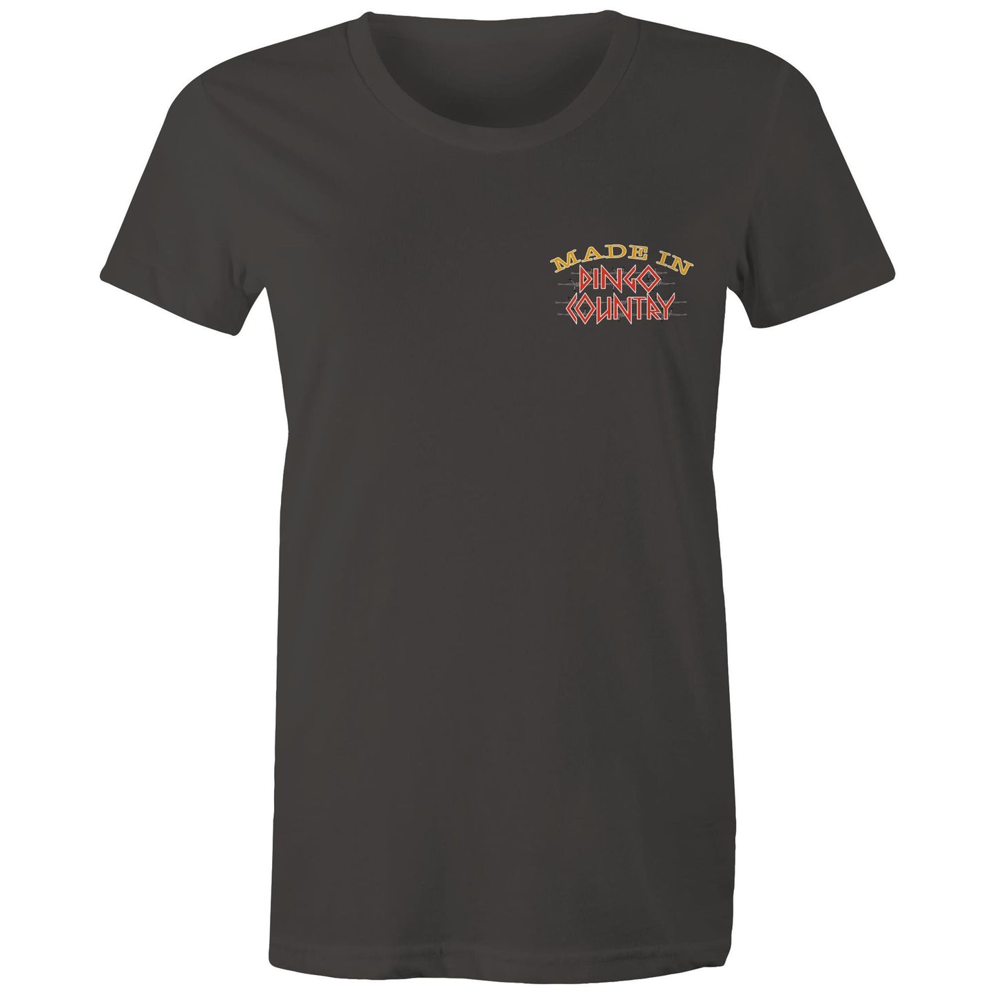 Front view of 'Life’s Short Dance' Women's Maple Tee showcasing the 'Made in Dingo Country' logo in a compact, rustic design on a charcoal tee.