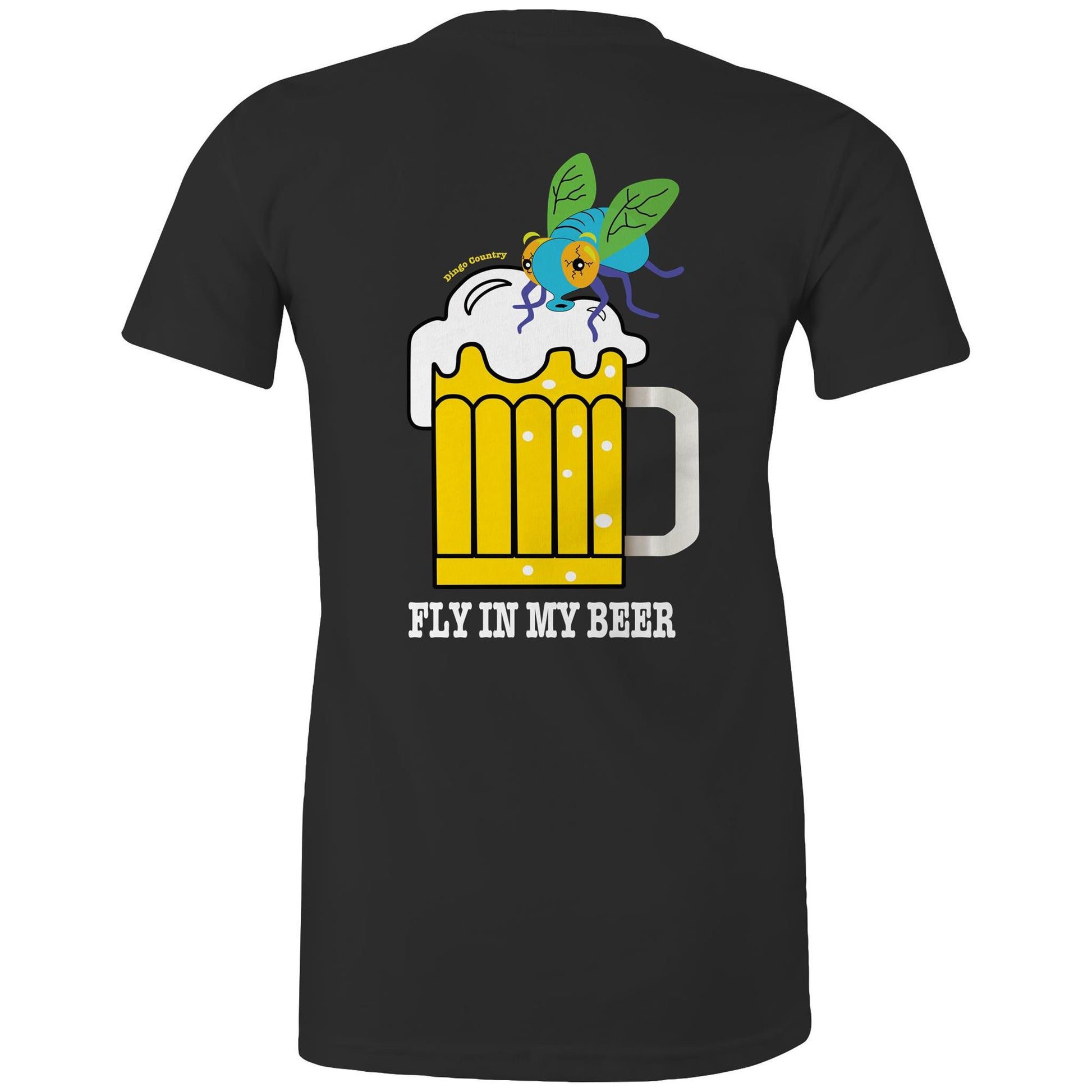 Back view of the black 'Fly in My Beer' T-shirt featuring a humorous print with a cartoon fly in a frothy beer mug and the playful text below