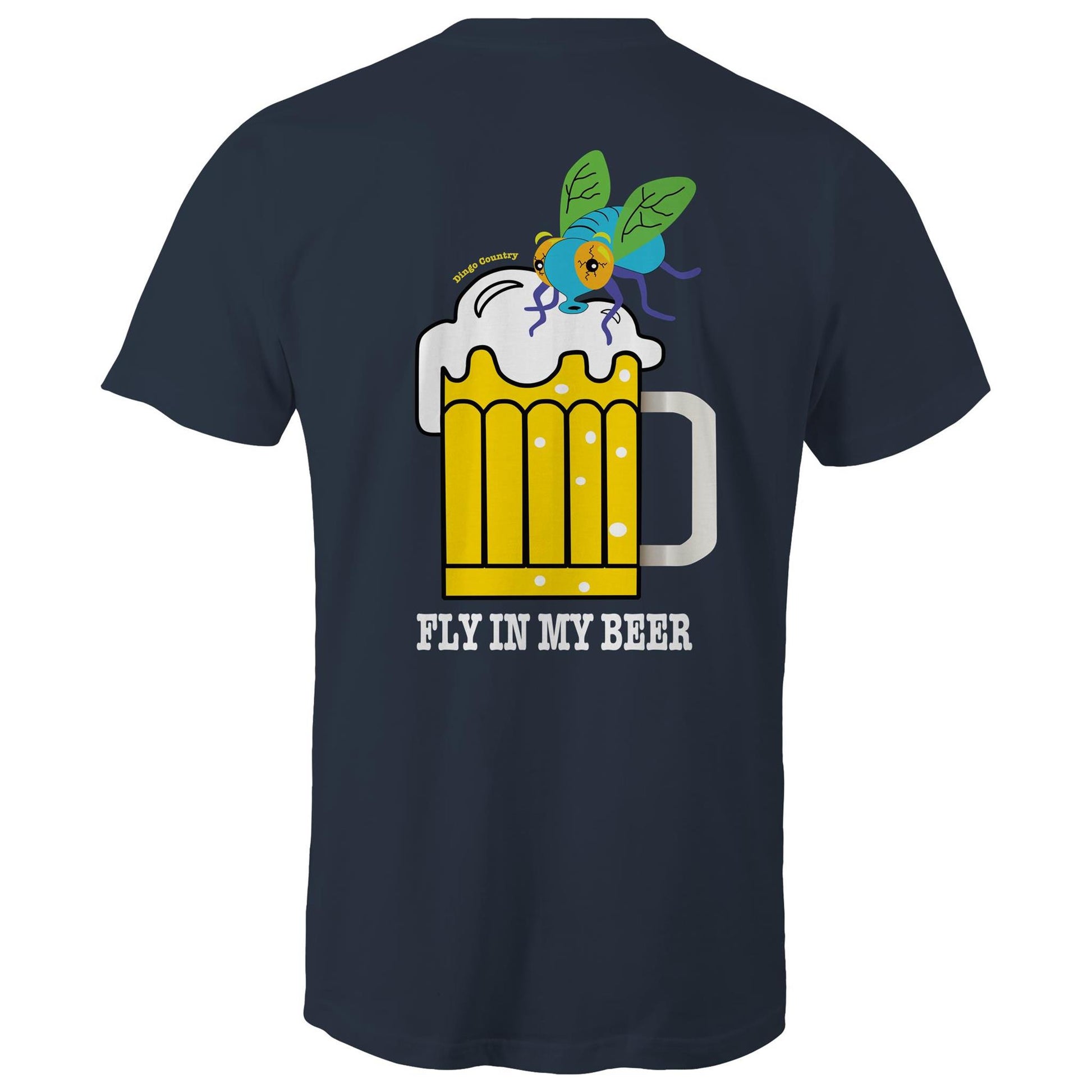 Back view of 'Fly in My Beer' Men's T-Shirt by Dingo Country in navy – showcasing a playful graphic of a beer mug with a fly on top and the witty phrase 'Fly in My Beer' in bold letters, symbolising the Aussie outdoor drinking experience.