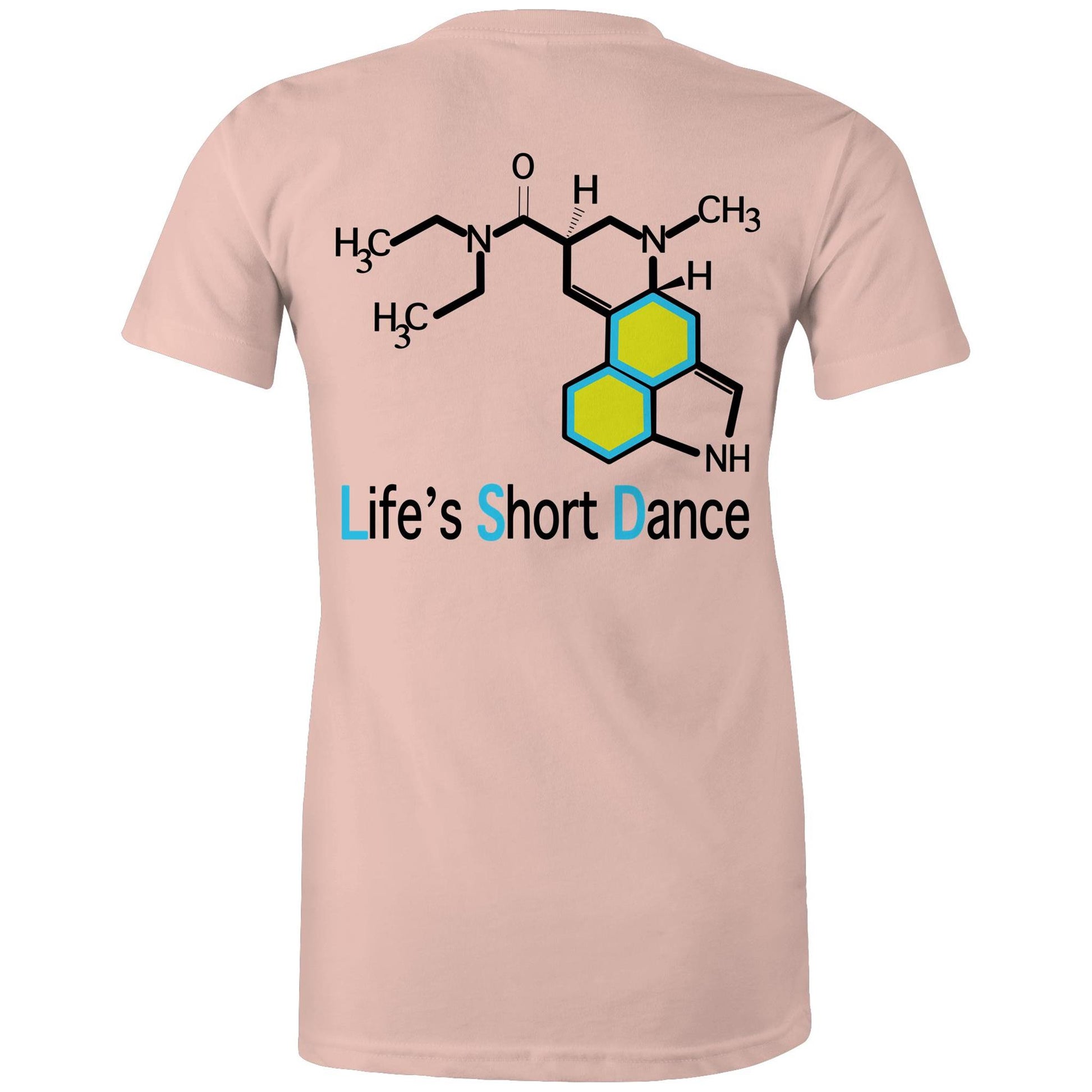 Back view of 'Life’s Short Dance' Women's Pale pink Maple Tee displaying the large molecular graphic and the slogan "life's short dance"