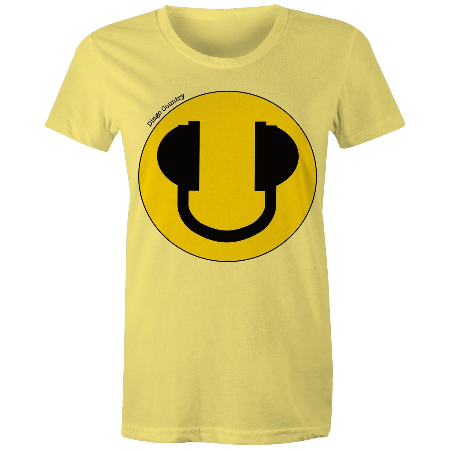 Women's Maple Tee in yellow with a bold yellow smiley face and headphone design, expressing a fun-loving music vibe, available at Dingo Country.