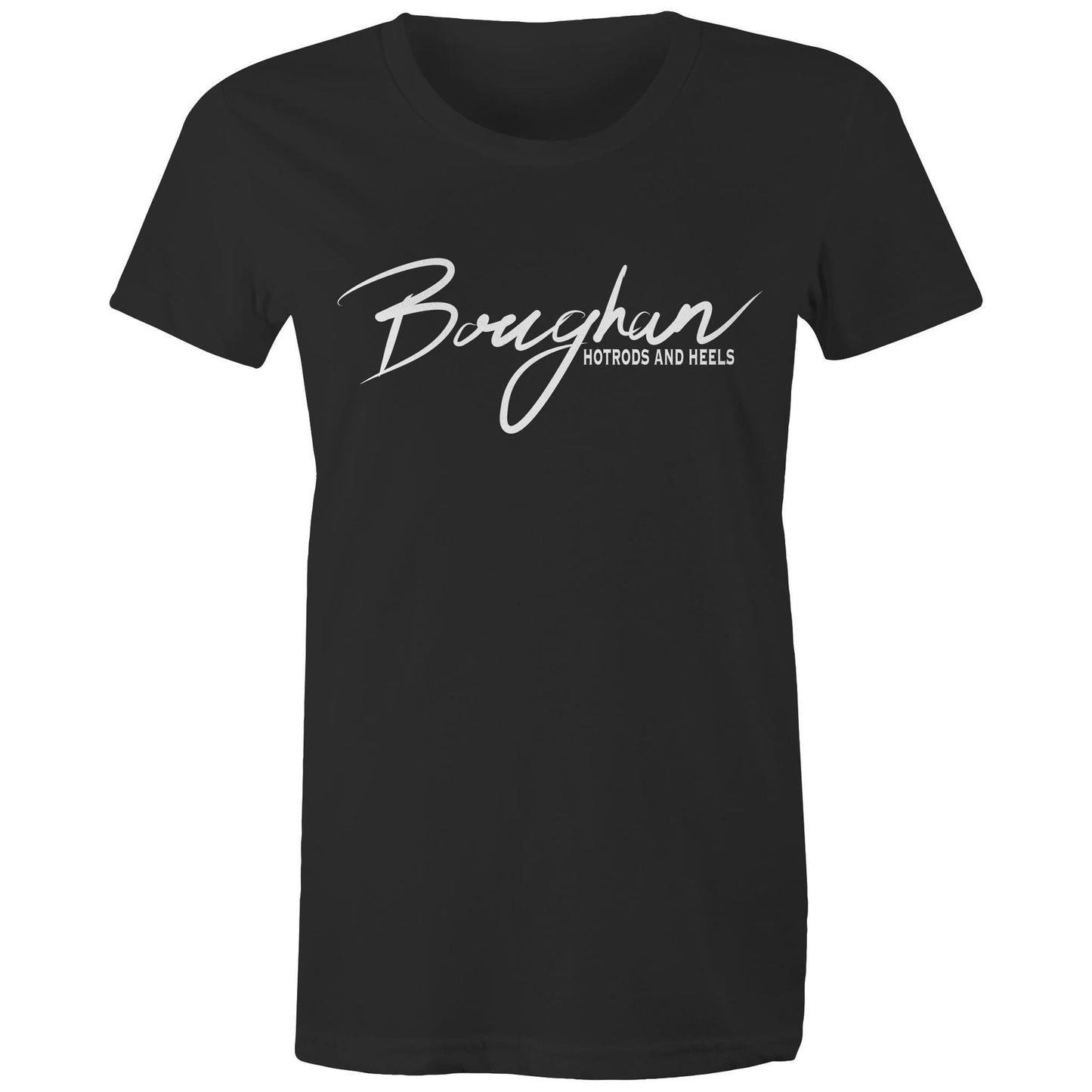 Black women's maple tee featuring 'Boughan Hotrods and Heels' script, embodying a blend of automotive passion and stylish femininity.