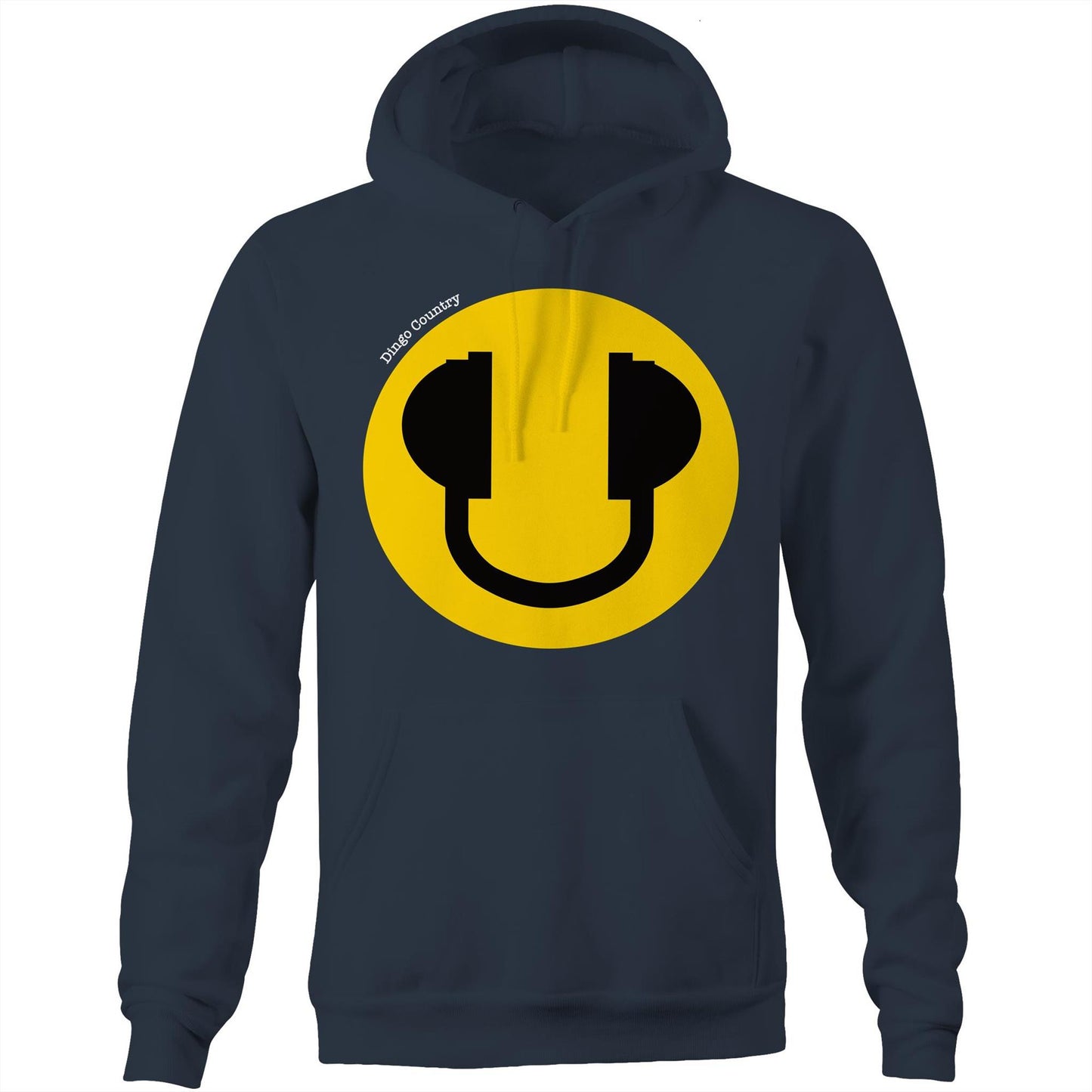 Navy hoodie featuring a large yellow smiley face with headphone accents, embodying a fun and music-filled lifestyle, from Dingo Country.