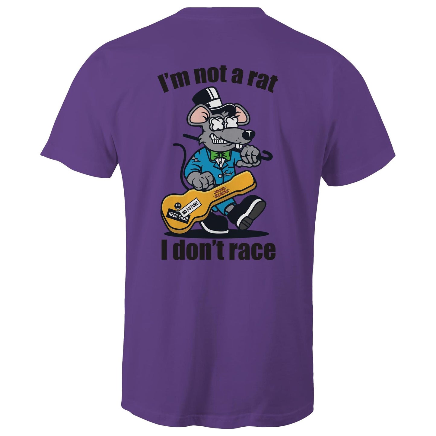 Purple mens T-shirt- Graphic print of a rat playing the guitar with 'I'm Not a Rat, I Don't Race' slogan, showcasing a playful nod to music enthusiasts.