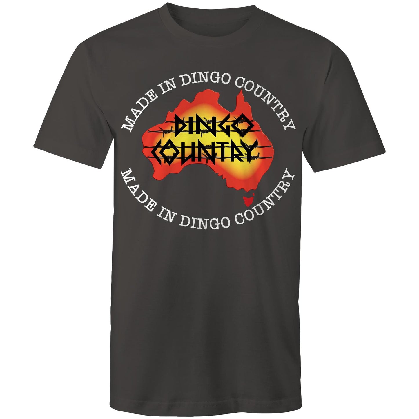 Men's charcoal T-shirt highlighting a map of Australia with a 'Made in Dingo Country' motif, combining national pride and a sunburnt colour palette.