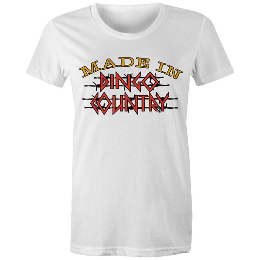 Comfortable white Women's Maple Tee with 'Made in Dingo Country' graphic in bold yellow and red, capturing the adventurous Aussie spirit