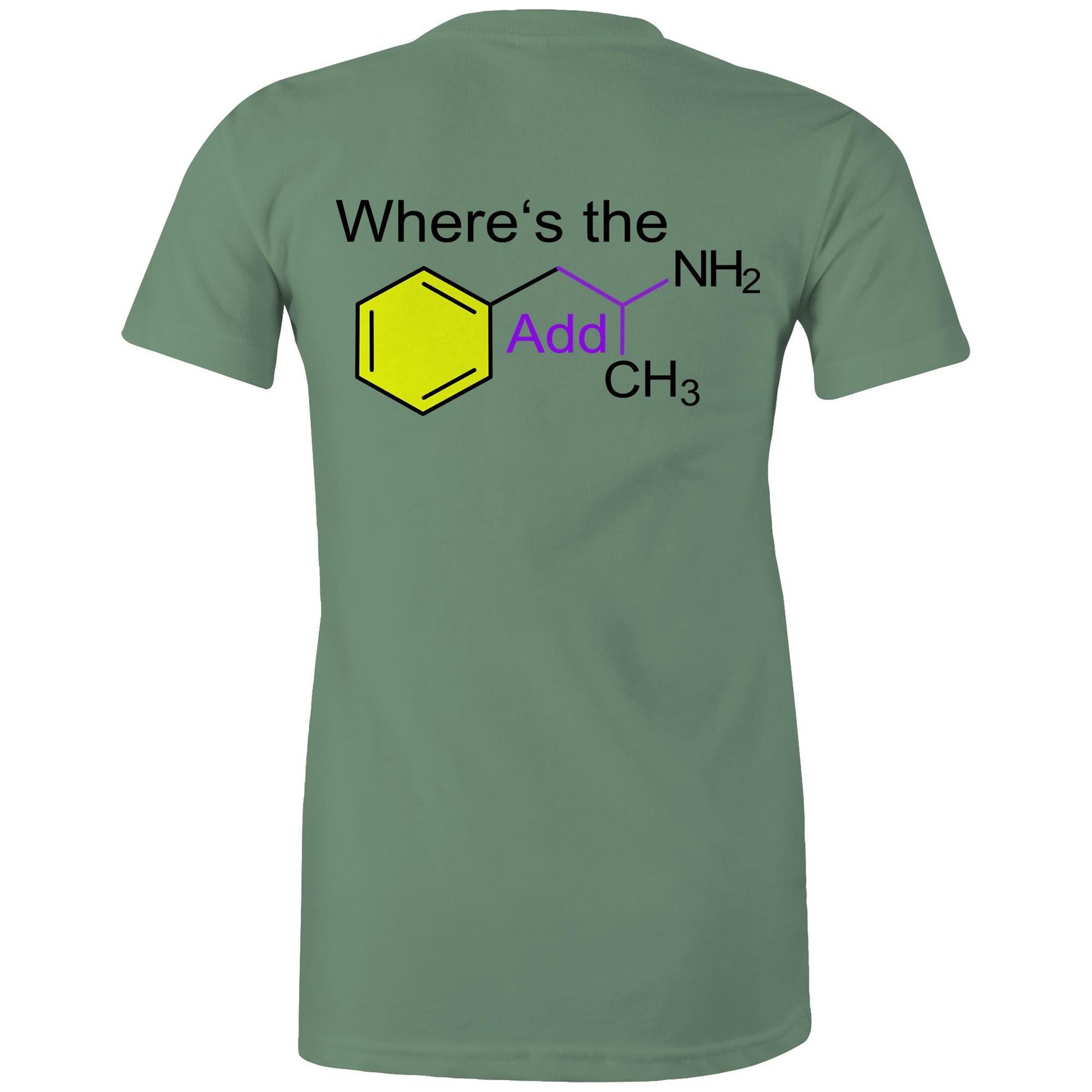 Back view sage women's t-shirt showing a playful twist on chemistry with 'Where’s the Addy' integrated within a colourful molecular structure design.