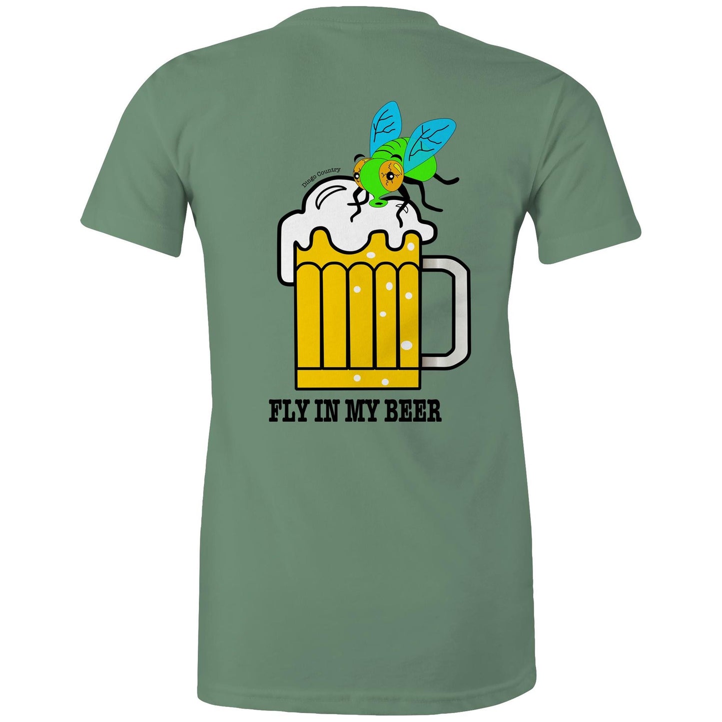 Back view of the sage 'Fly in My Beer' T-shirt featuring a humorous print with a cartoon fly in a frothy beer mug and the playful text below