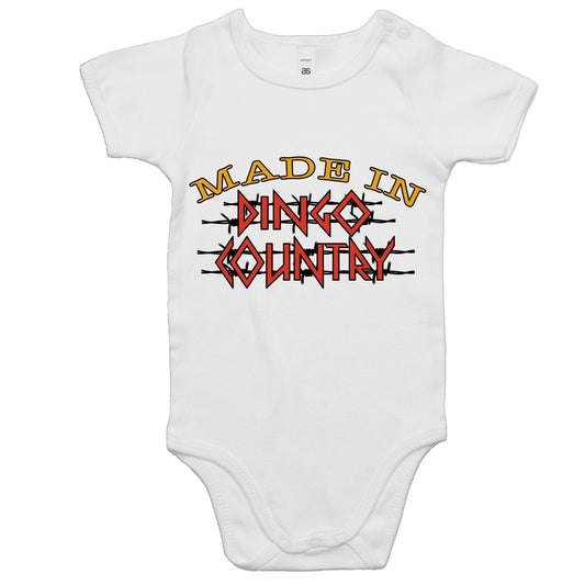 Adorable white baby onesie featuring 'Made in Dingo Country' design, ideal for the youngest Australian patriots.