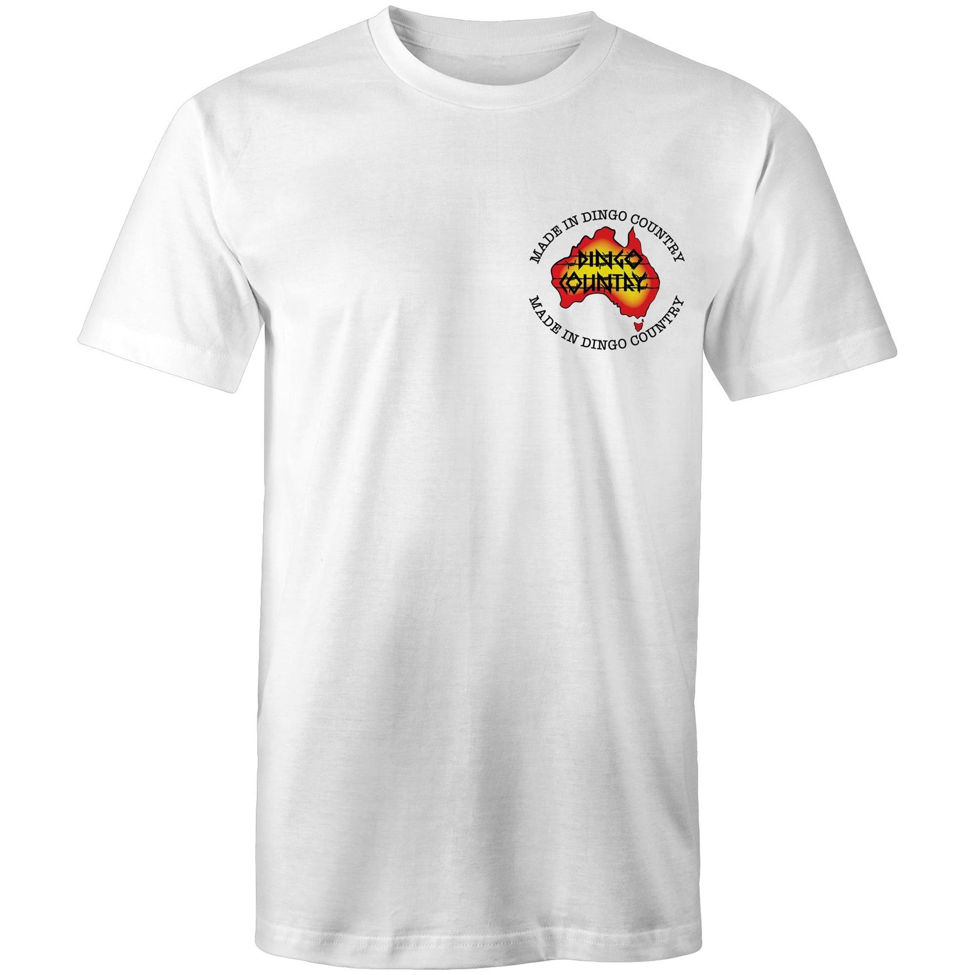 White t-shirt with 'Made in Dingo Country' logo on the chest in vibrant Australian colors.