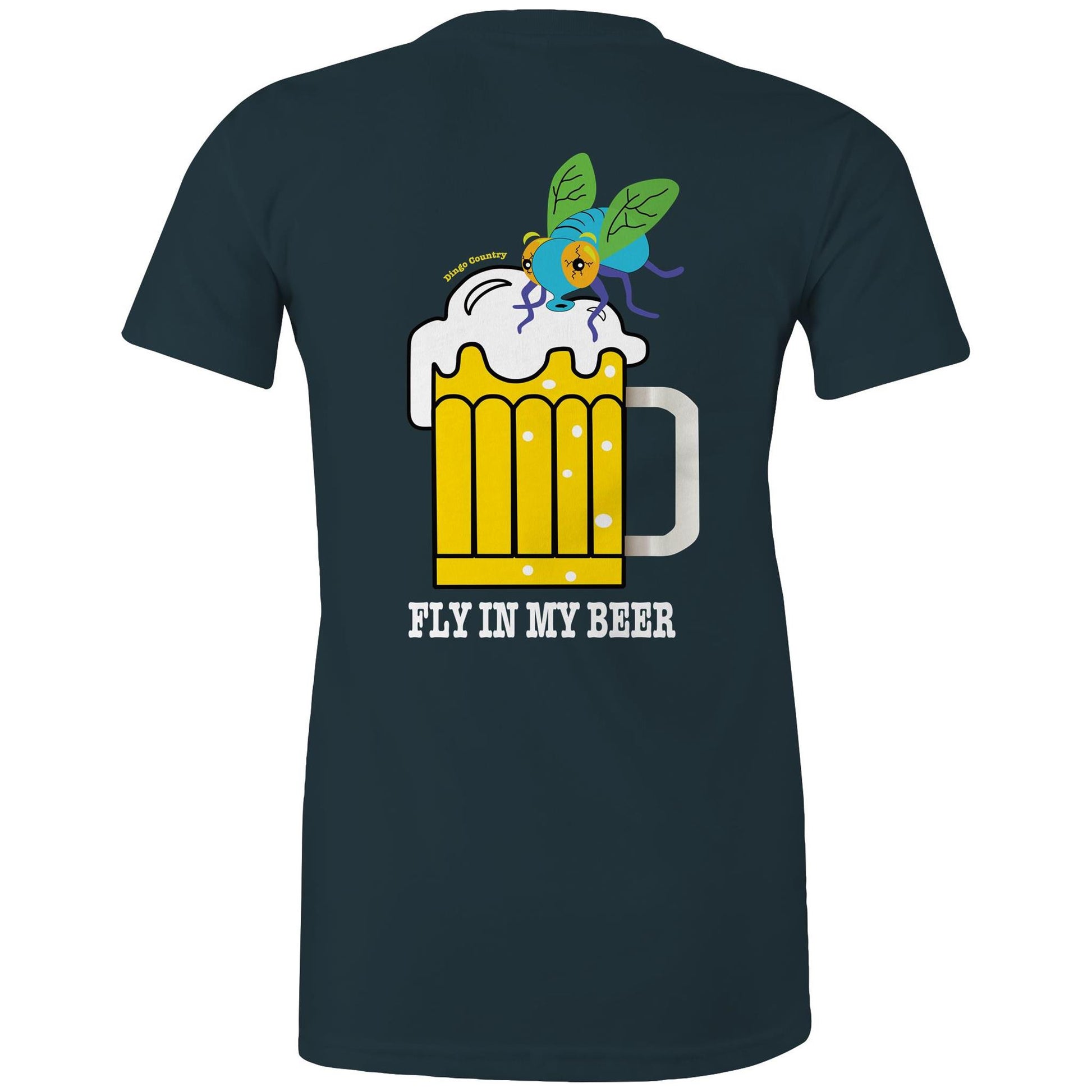 Back view of the indigo 'Fly in My Beer' T-shirt featuring a humorous print with a cartoon fly in a frothy beer mug and the playful text below