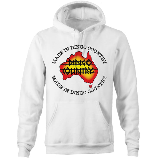 White 'Made in DC Australia' pocket hoodie sweatshirt showcasing a stylised map of Australia with 'Dingo Country' & made in dingo country text on the front.