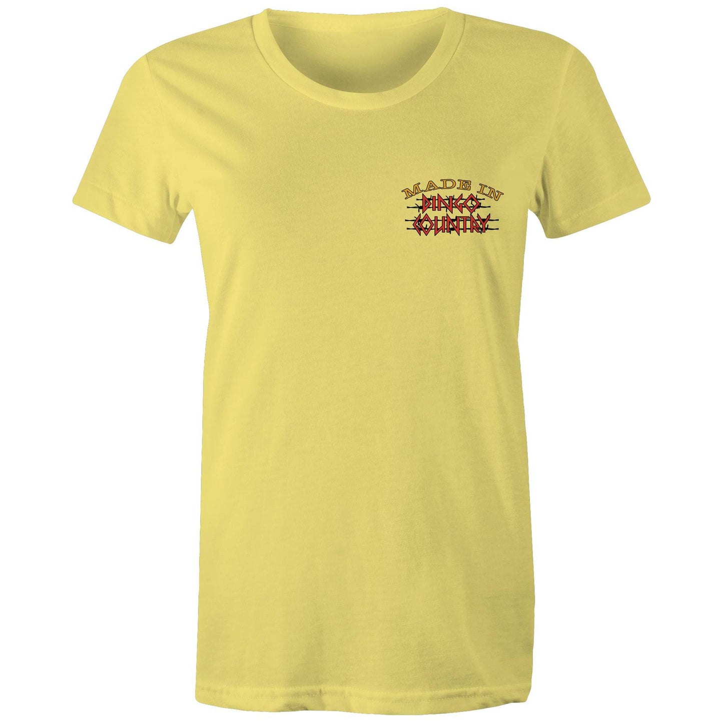 Front view of 'Life’s Short Dance' Women's Maple Tee showcasing the 'Made in Dingo Country' logo in a compact, rustic design on a Yellow tee.