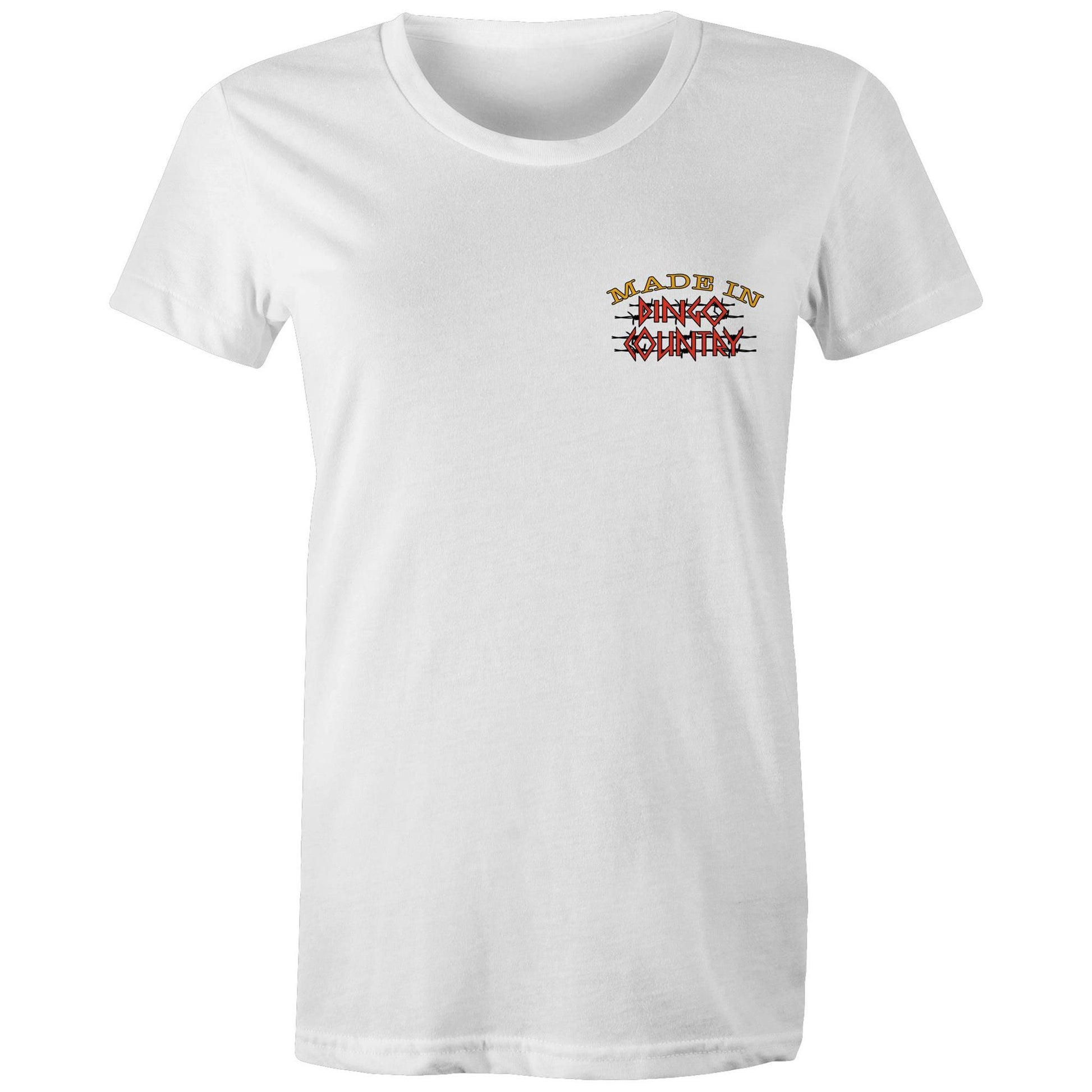 Front of the white Women's Maple Tee with the 'Made in Dingo Country' logo, merging simplicity with Australian pride.