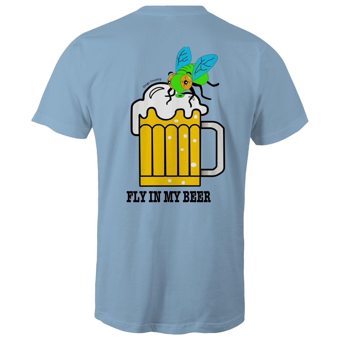 Back view of 'Fly in My Beer' Men's T-Shirt by Dingo Country in Carolina blue – showcasing a playful graphic of a beer mug with a fly on top and the witty phrase 'Fly in My Beer' in bold letters, symbolising the Aussie outdoor drinking experience.