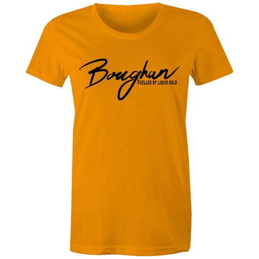 Front view of a orange Women's Maple Tee with 'Boughan - Fuelled by Liquid Gold' text, celebrating Australian beer culture.