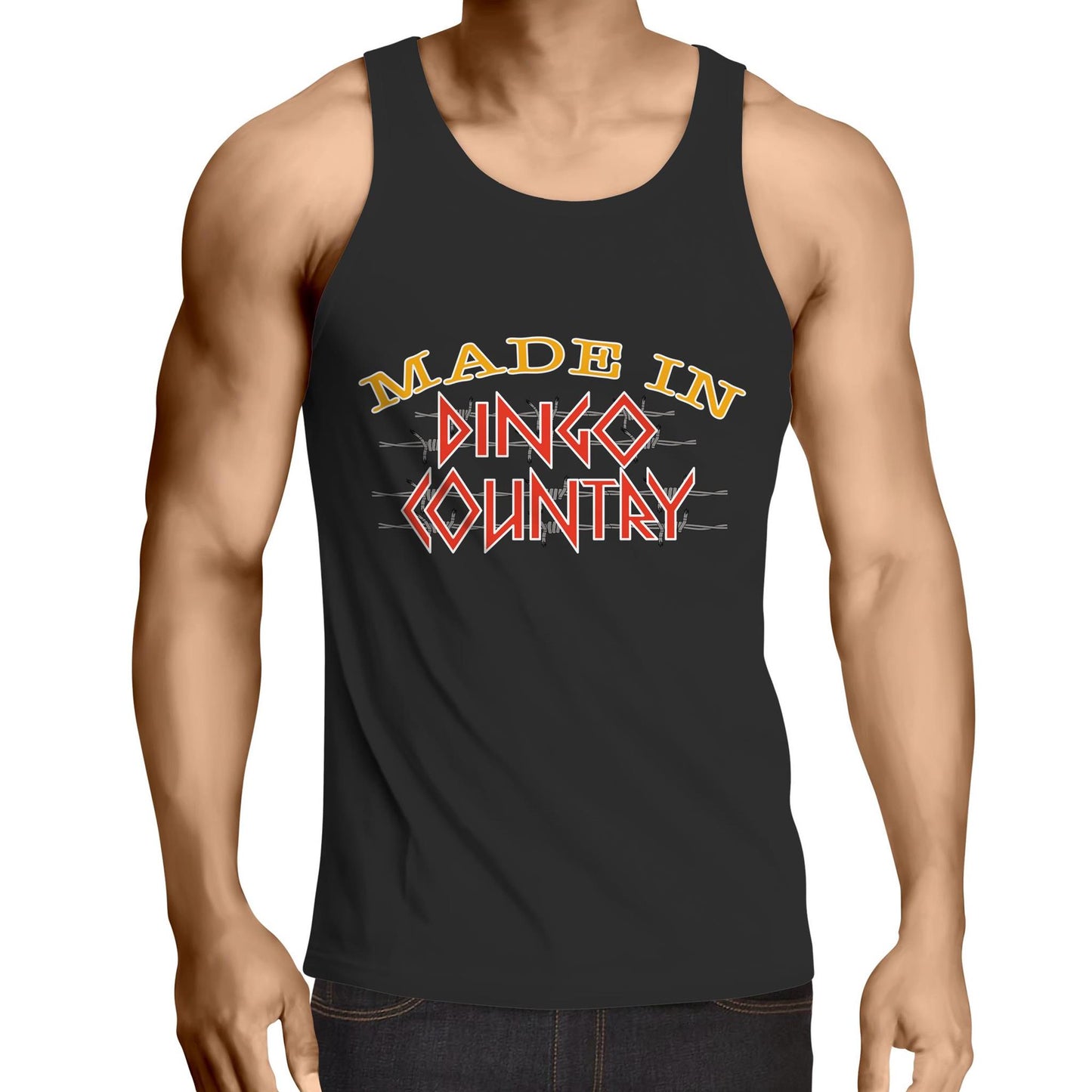 Man's black singlet featuring 'Made in Dingo Country' logo on the front - for those who dare at Dingo Country.