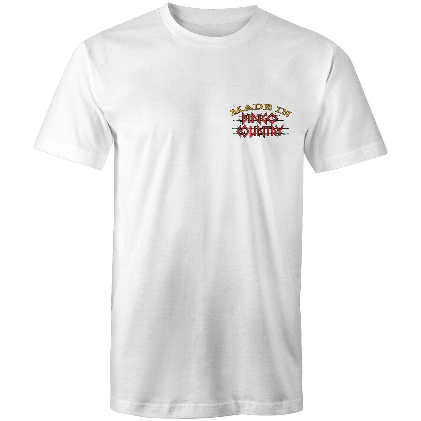 Men's casual white T-shirt with 'Made in Dingo Country' logo on the chest, representing Australian heritage with style.