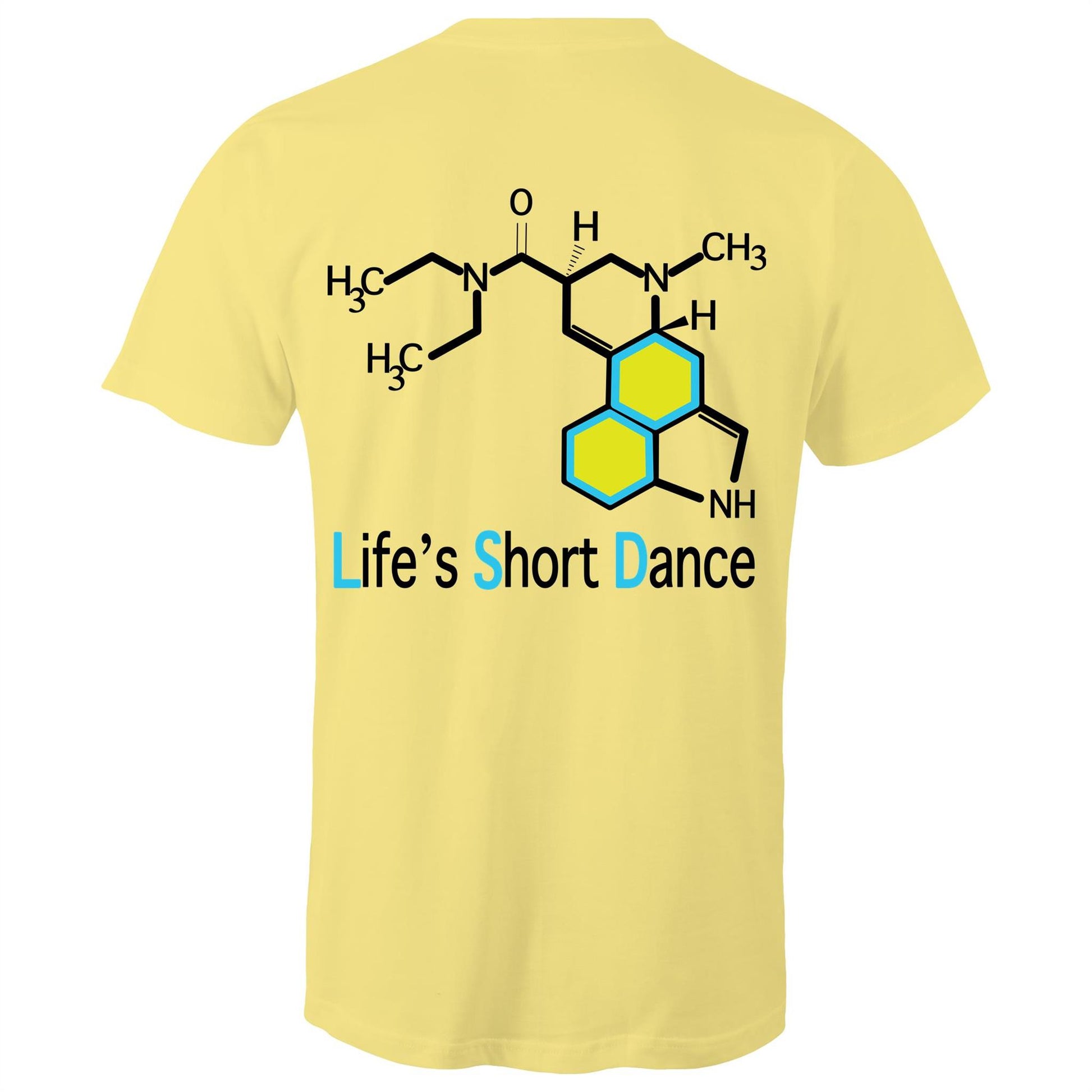 Back view of 'Life’s Short Dance' Men's Yellow T-Shirt featuring an intricate chemical molecule design in black and blue, with the phrase 'Life’s Short Dance' in stylized blue font