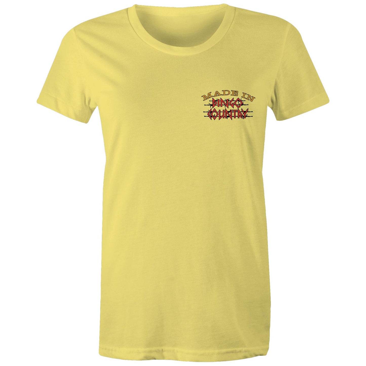 Front view of the yellow 'Fly in My Beer' T-shirt with a small Dingo Country logo on the chest.